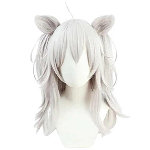LAOBAO コスプレ ウィッグ 獅白ぼたん ししろん かつら カツラ 耳付き お団子ヘア ロング グレー 耐熱 変装用ウィッグ コスチューム小物 ハロウィン 仮装 cosplay wig (A)