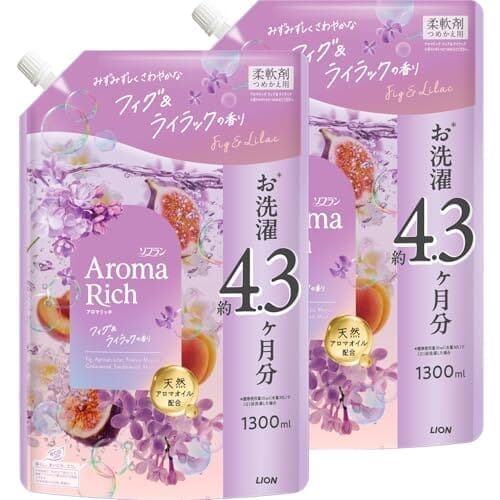 ソフラン アロマリッチ みずみずしくさわやかなフィグ＆ライラックの香りの香り 詰替大容量1300ml×2個 柔軟剤 天然アロマオイル配合 防臭 抗菌